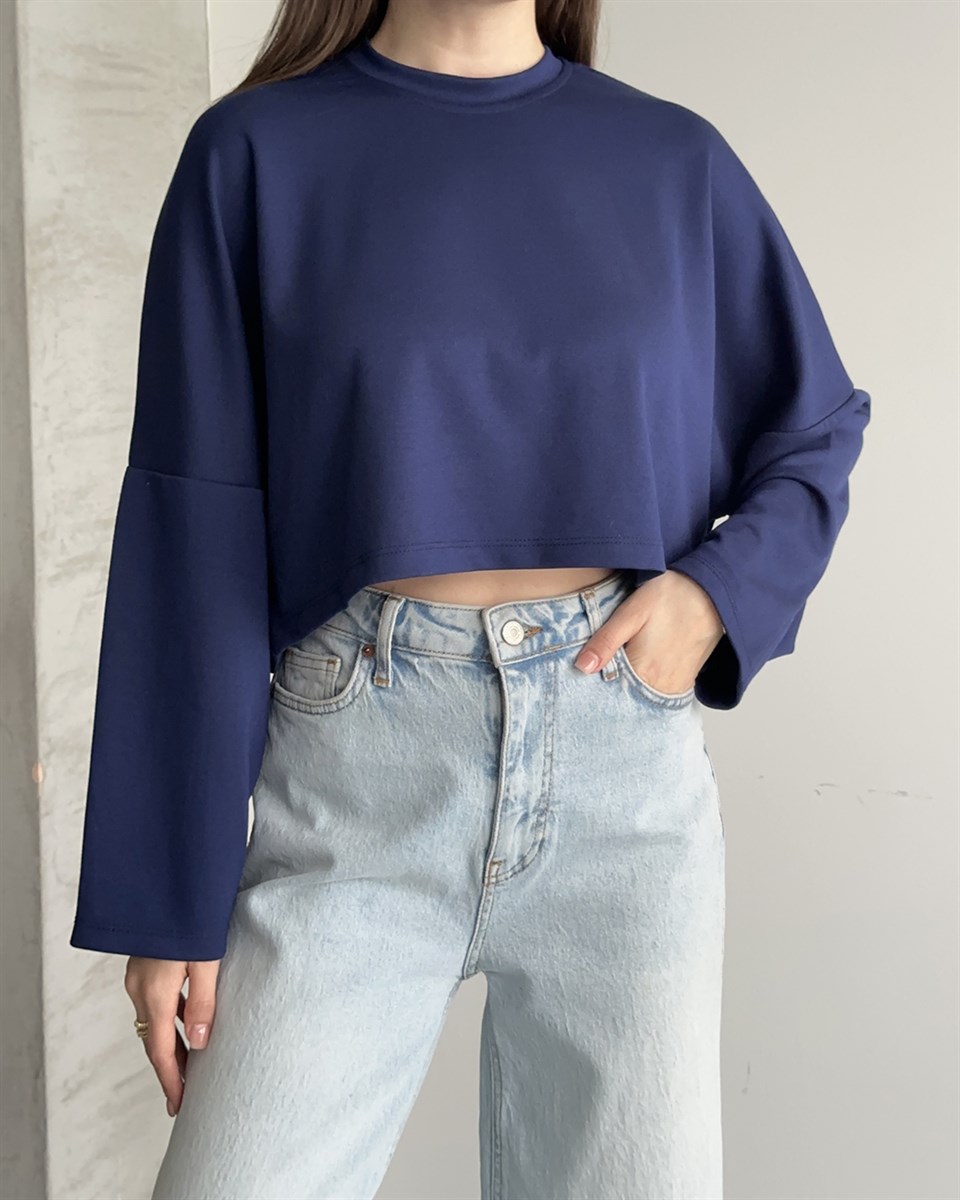 Lacivert Modal Oversize Crop Sweatshirt