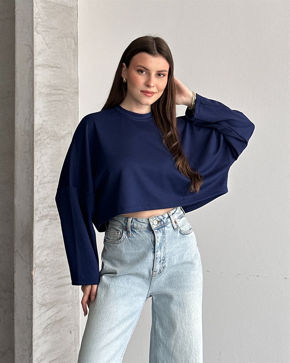 Lacivert Modal Oversize Crop Sweatshirt