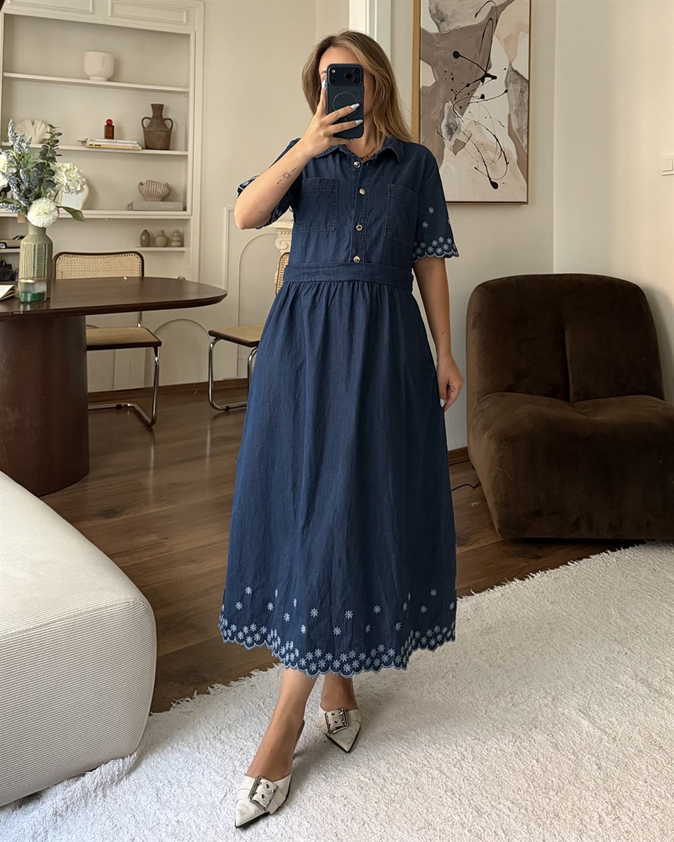 Lacivert Nakışlı Denim Gömlek Elbise
