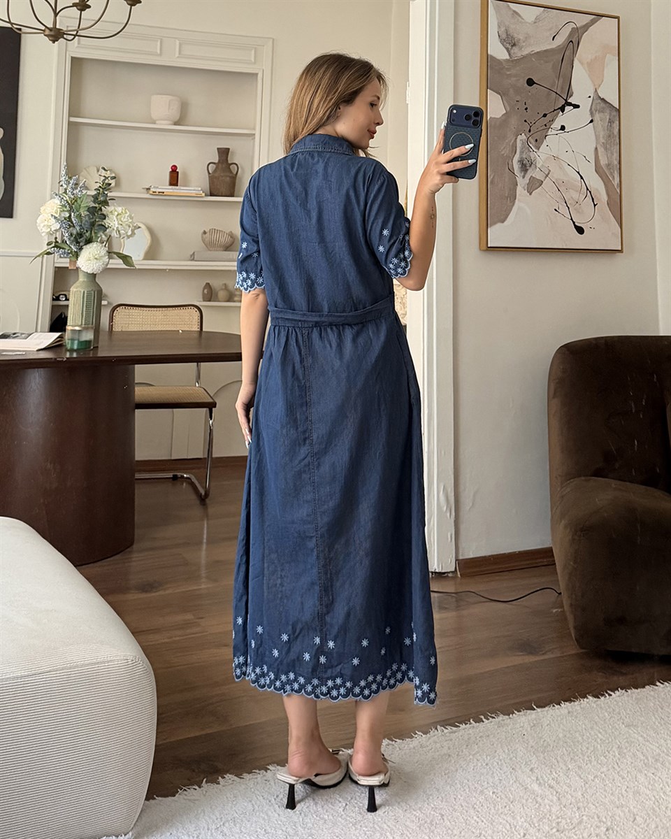 Lacivert Nakışlı Denim Gömlek Elbise