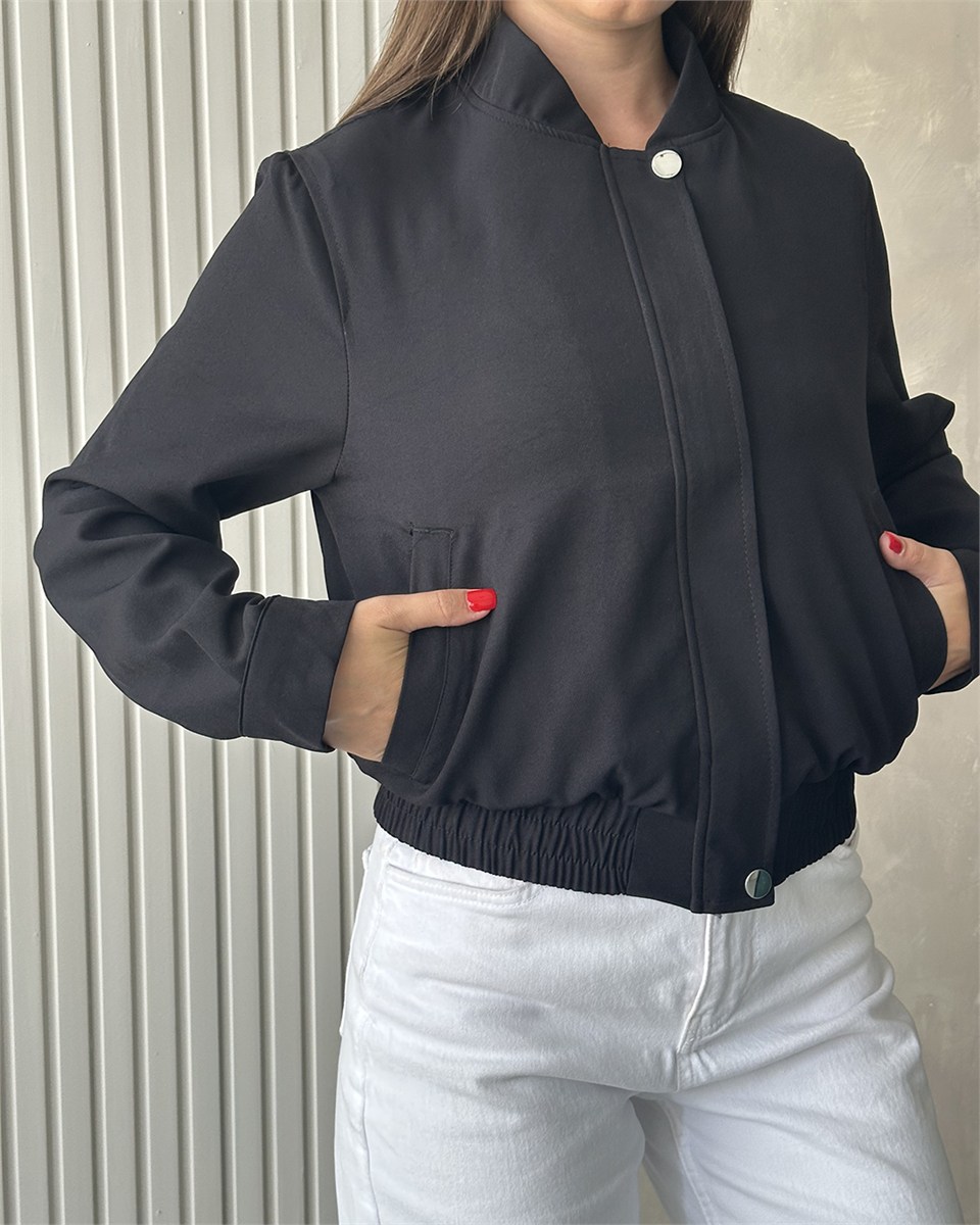 Lastik Detaylı Siyah Bomber Ceket