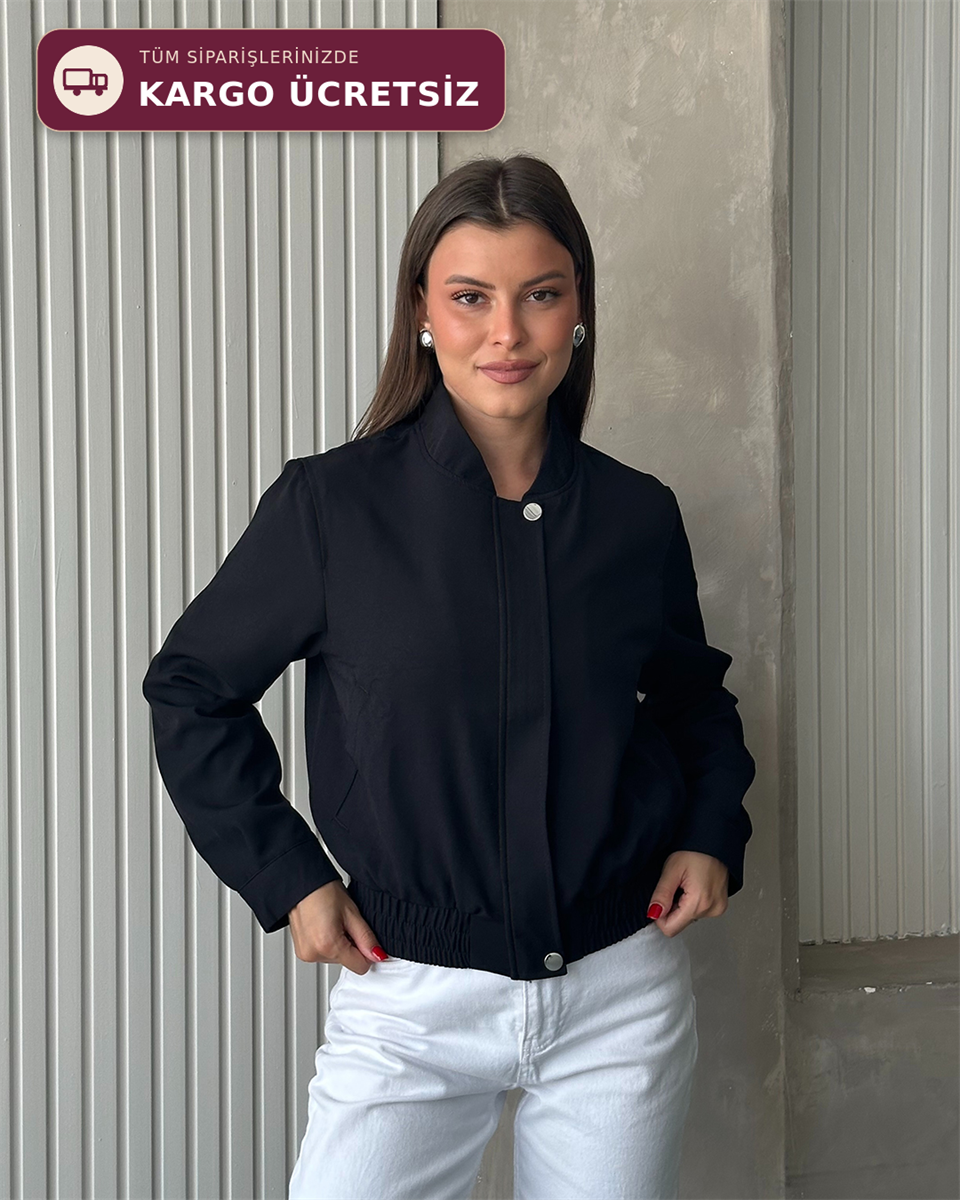 Lastik Detaylı Siyah Bomber Ceket