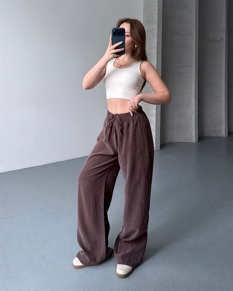 Lastikli Oversize Kahverengi Pantolon