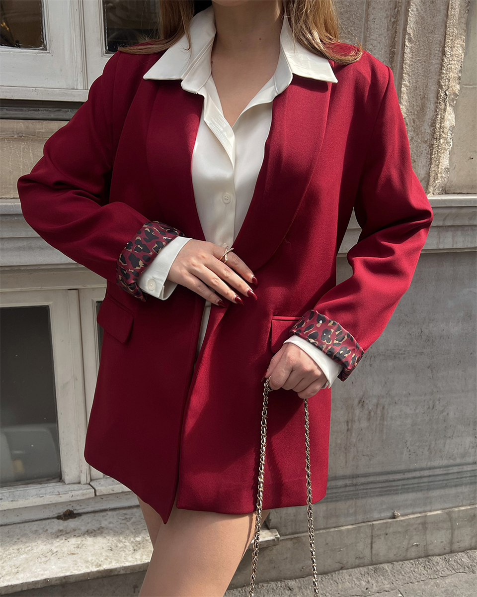 Leopar Astarlı Bordo Blazer Ceket
