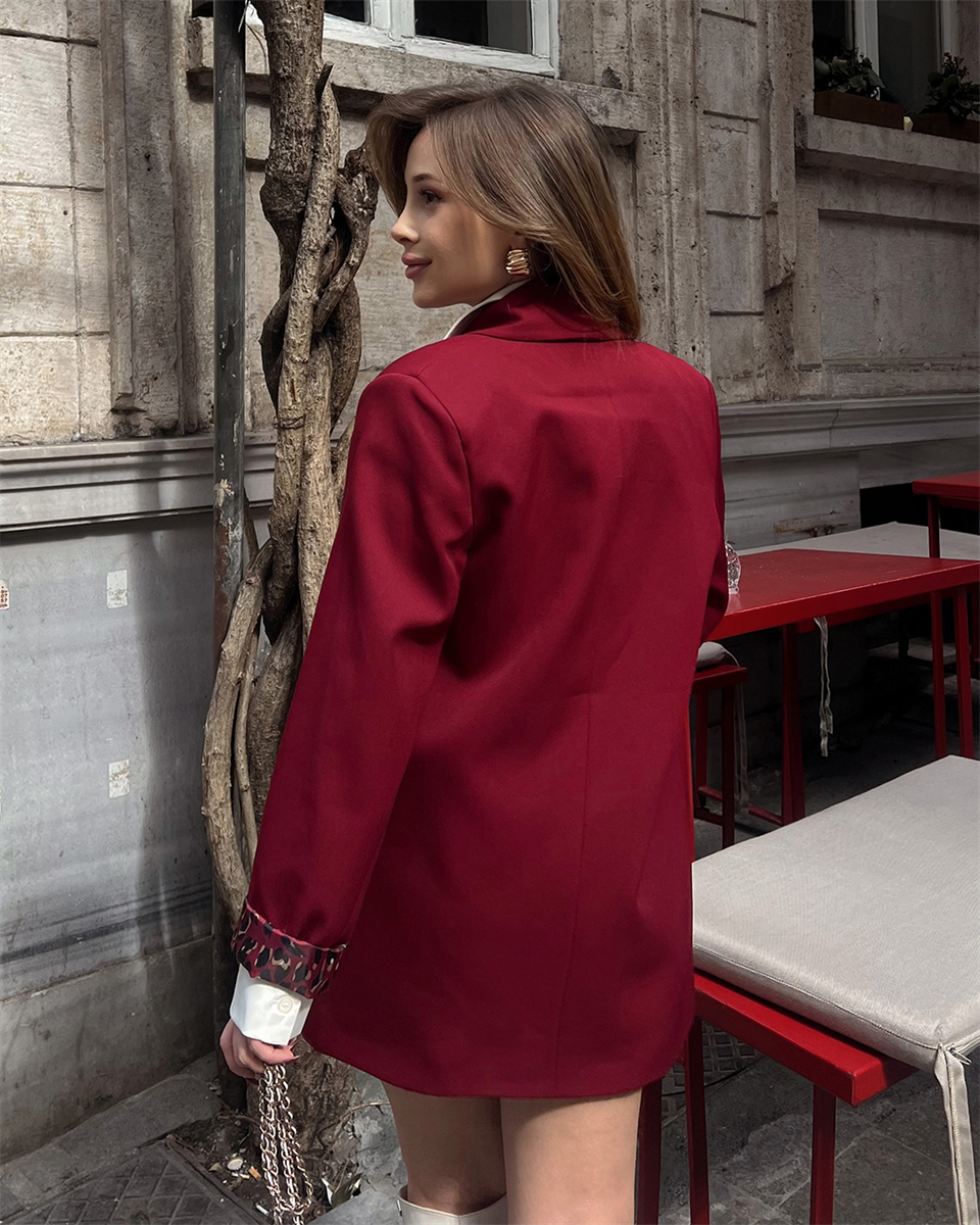 Leopar Astarlı Bordo Blazer Ceket