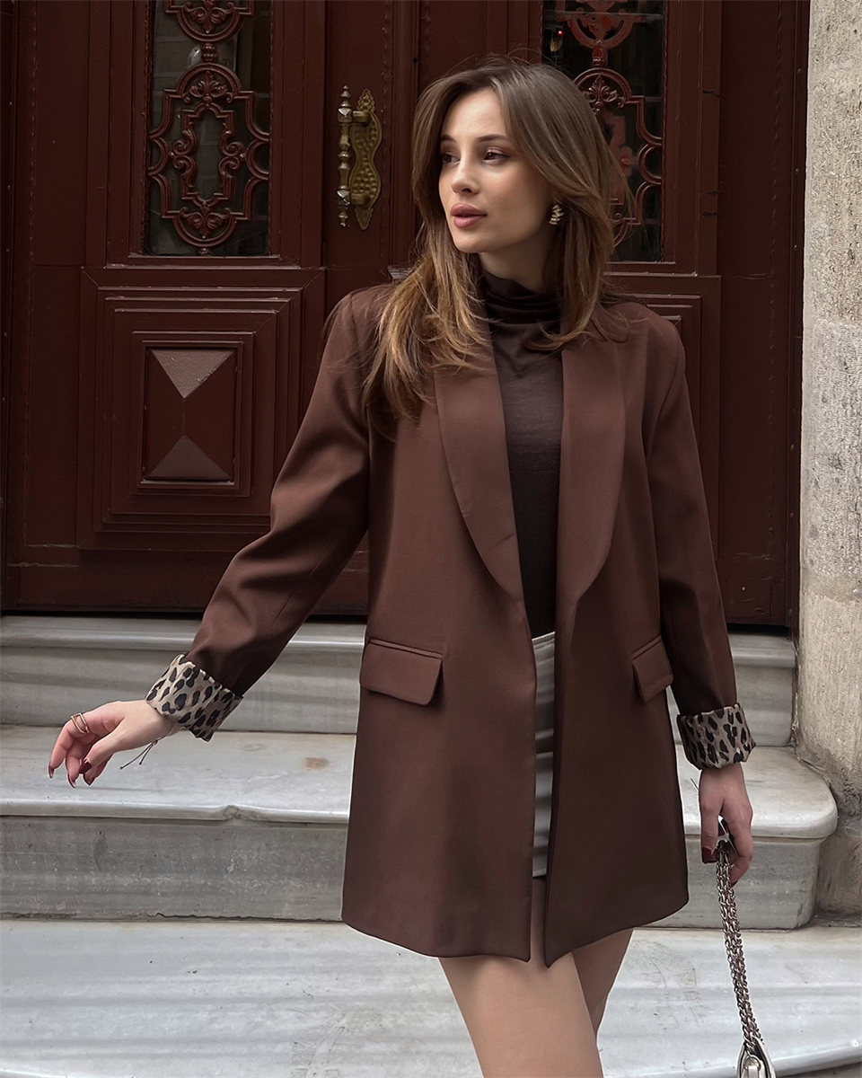Leopar Astarlı Kahverengi Blazer Ceket