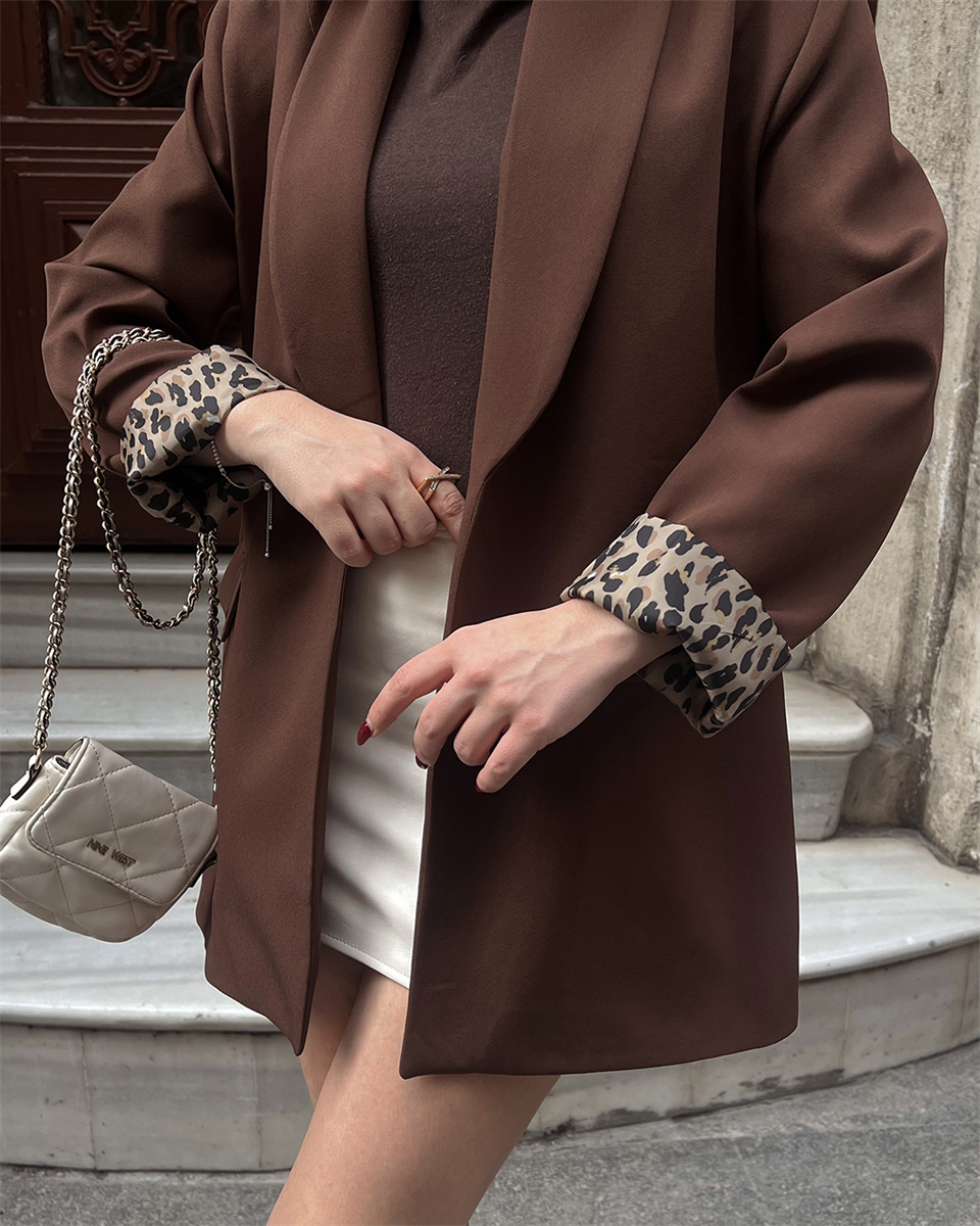 Leopar Astarlı Kahverengi Blazer Ceket