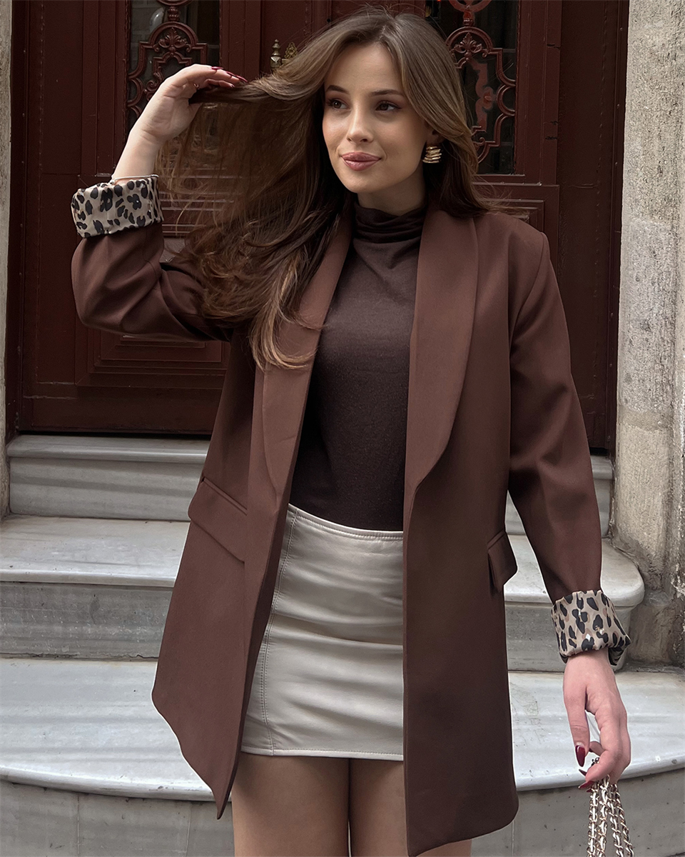 Leopar Astarlı Kahverengi Blazer Ceket