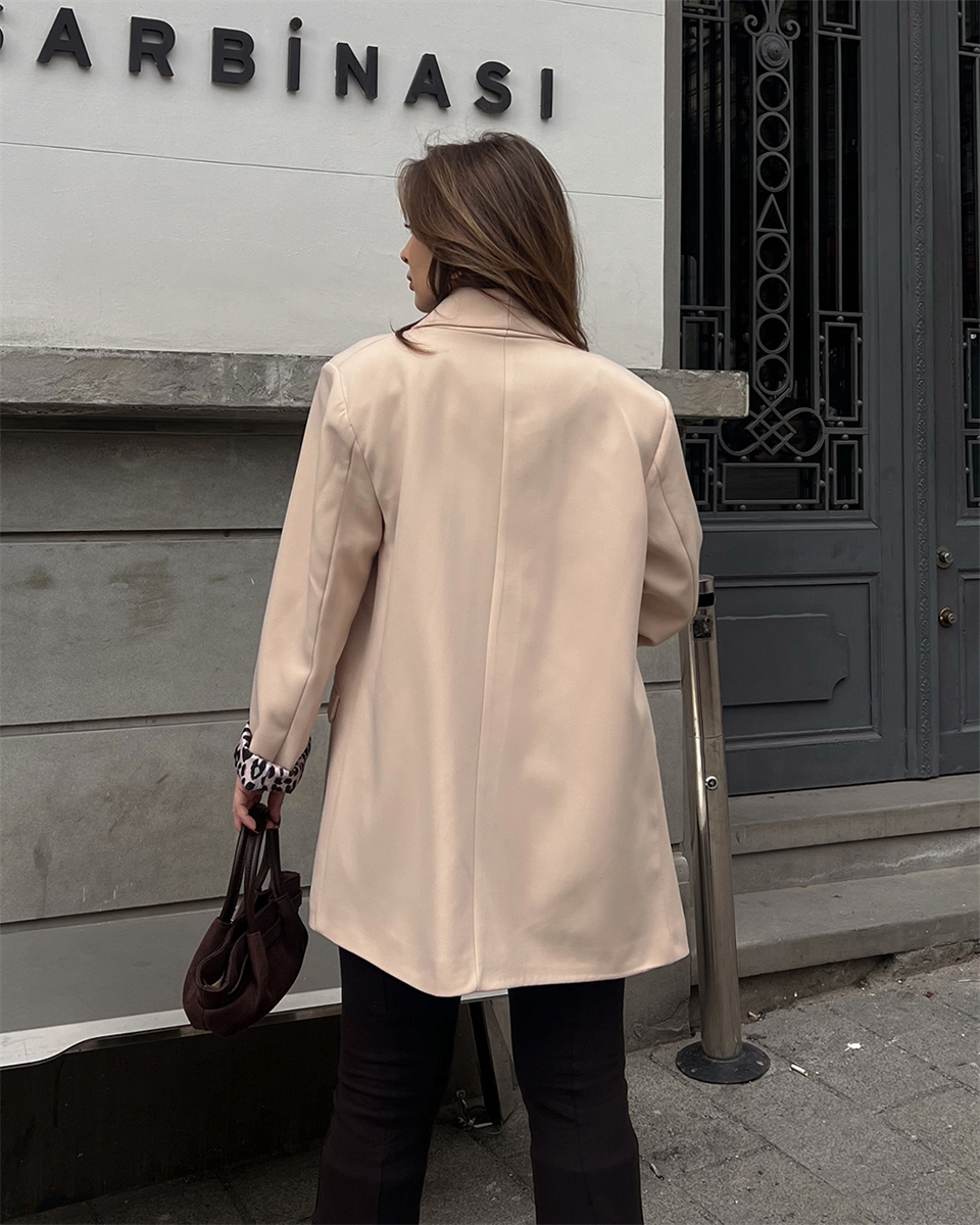 Leopar Astarlı Krem Blazer Ceket