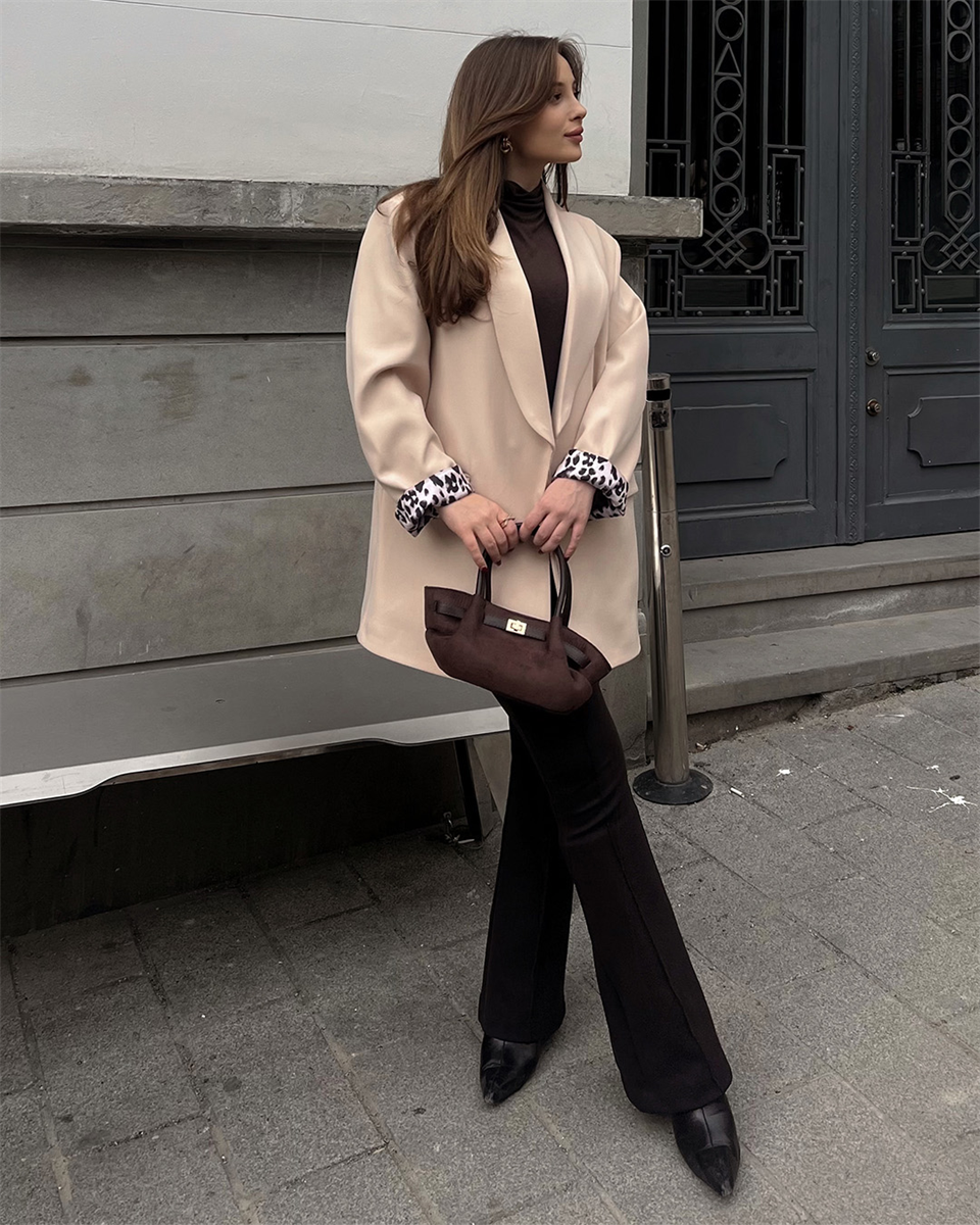 Leopar Astarlı Krem Blazer Ceket