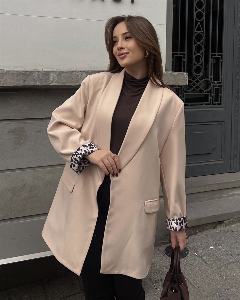 Leopar Astarlı Krem Blazer Ceket