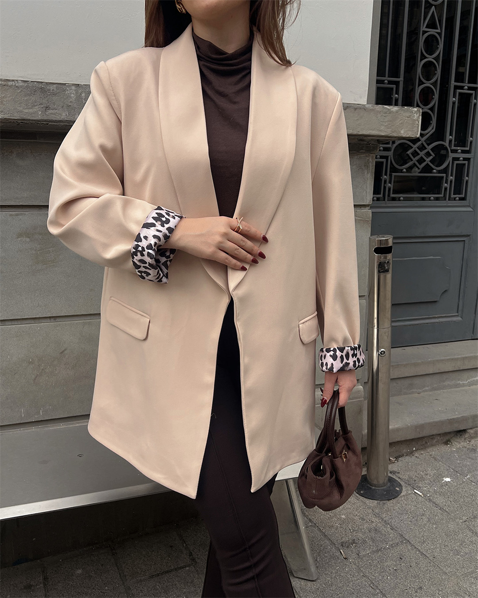 Leopar Astarlı Krem Blazer Ceket