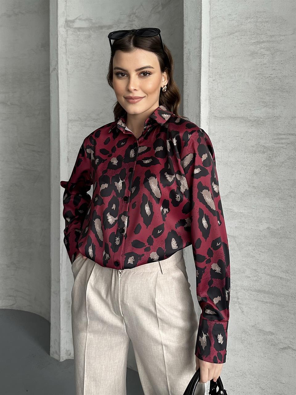 Leopar Desenli Bordo Saten Gömlek