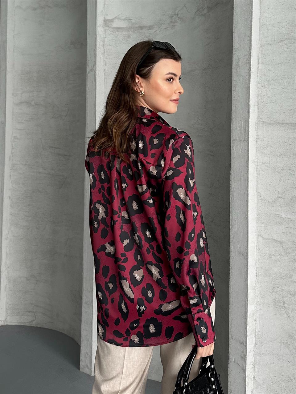 Leopar Desenli Bordo Saten Gömlek