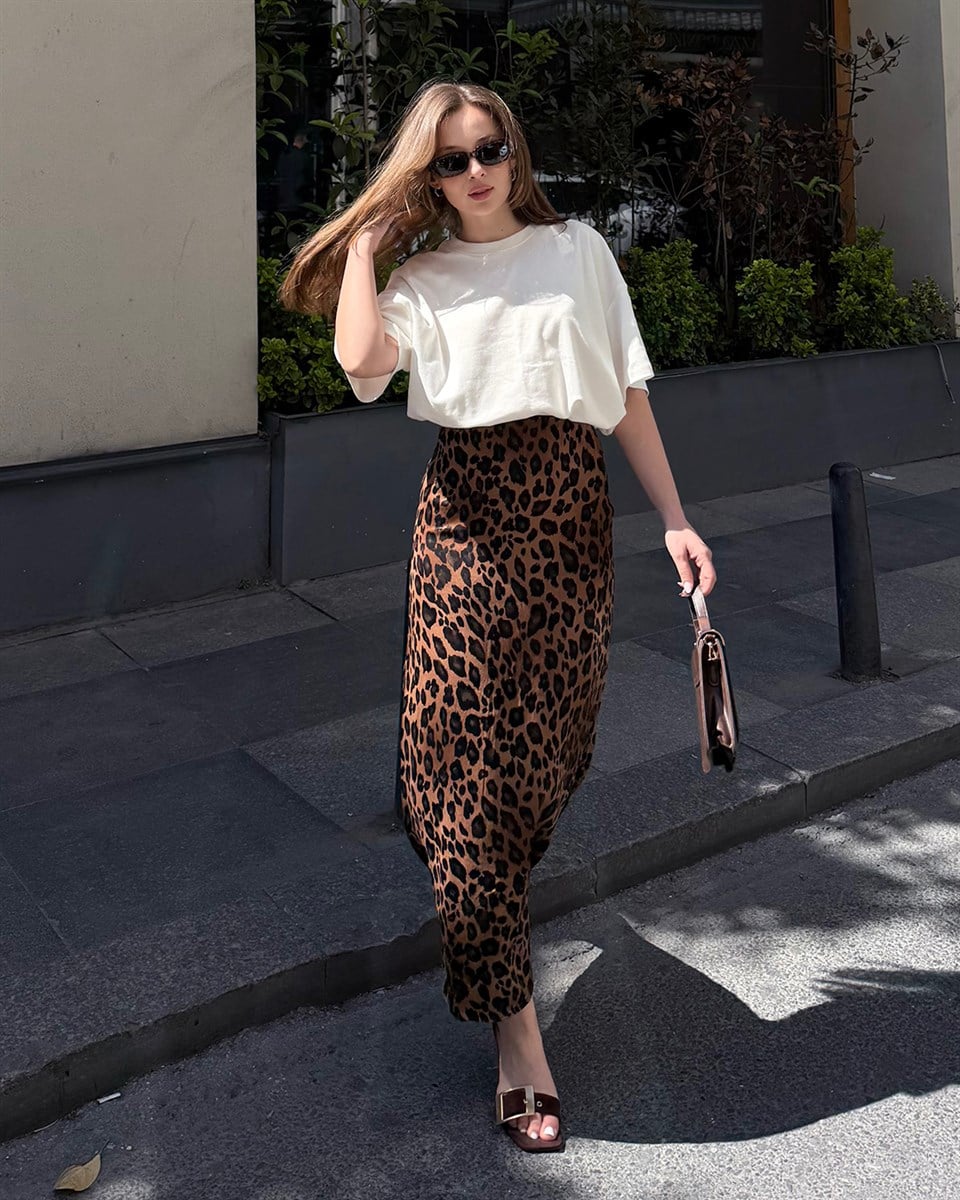 Leopar Desenli Saten Etek