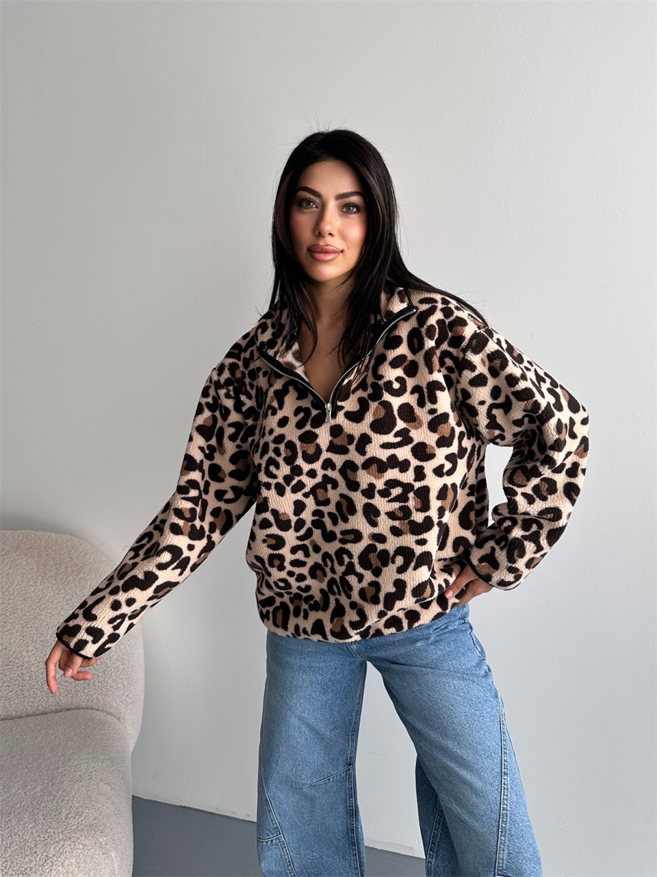 Leopar Desenli Yarım Fermuarlı Polar Sweatshirt