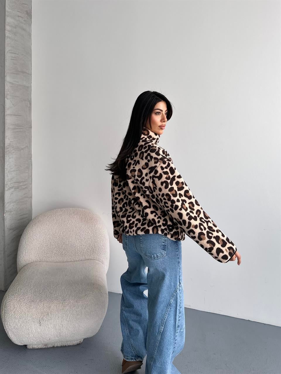 Leopar Desenli Yarım Fermuarlı Polar Sweatshirt