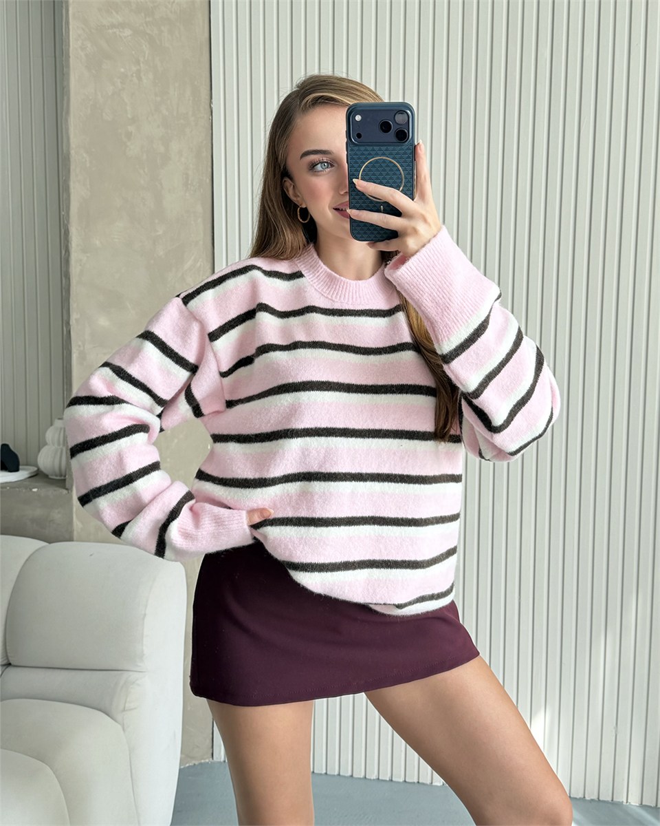 Lora Çizgili Pembe Triko