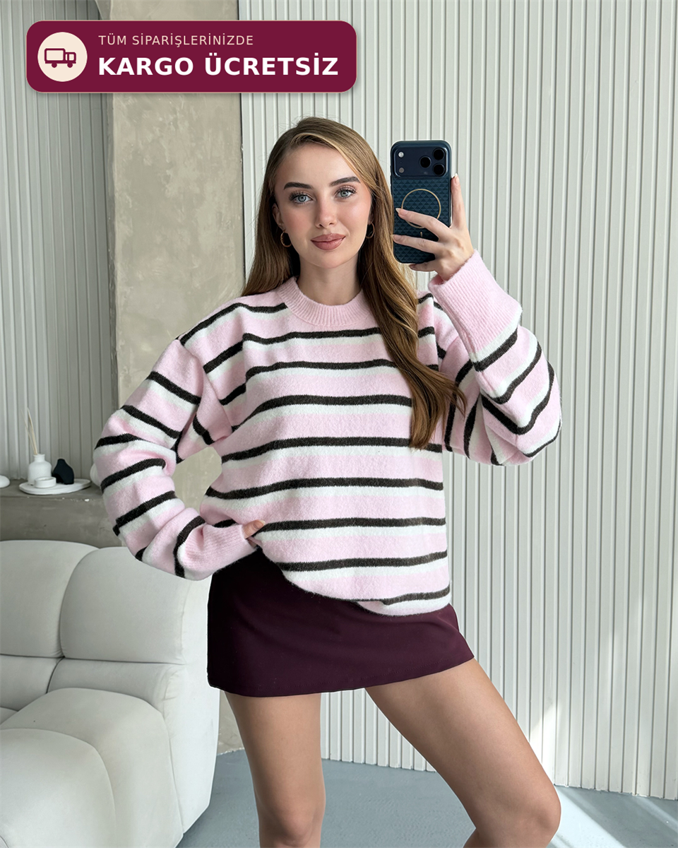 Lora Çizgili Pembe Triko