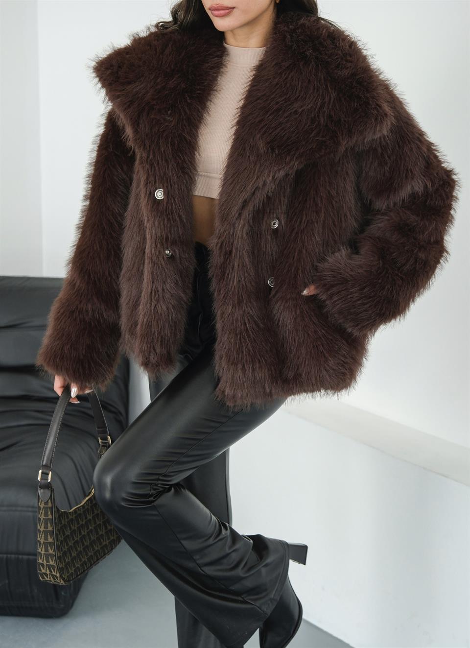 Luna Acı Kahve Oversize Kürk Ceket