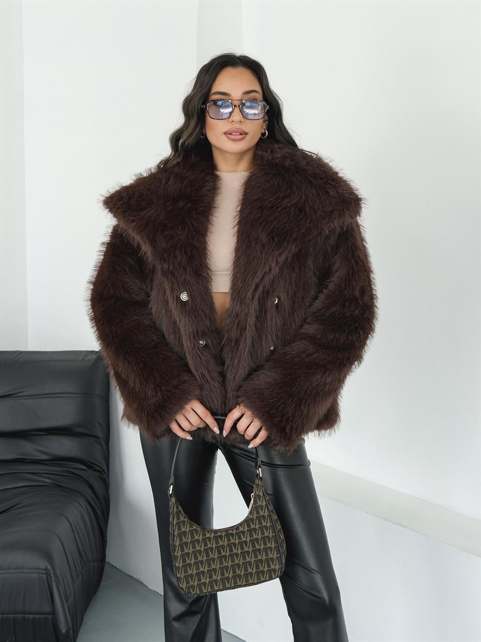 Luna Acı Kahve Oversize Kürk Ceket