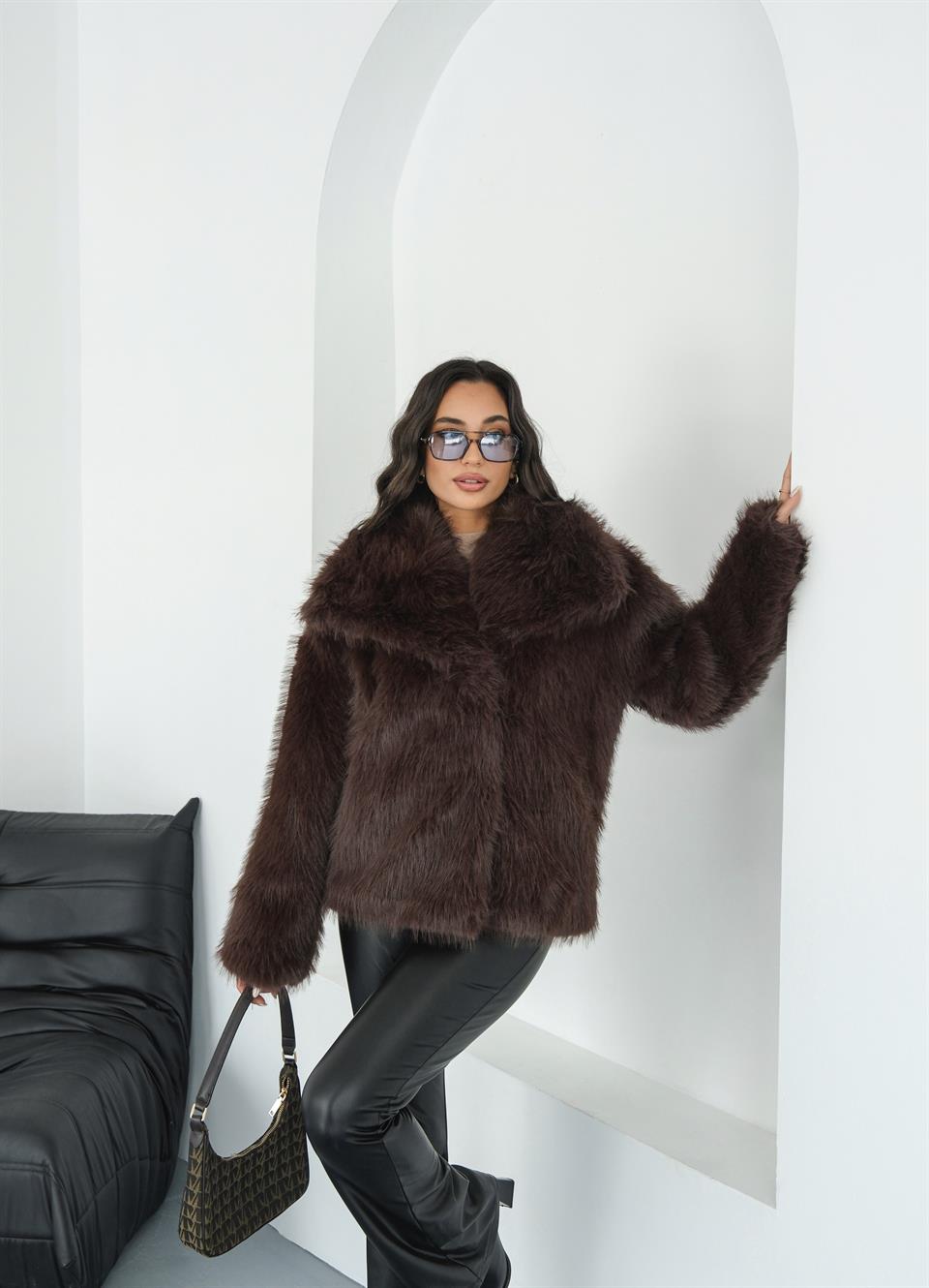 Luna Acı Kahve Oversize Kürk Ceket