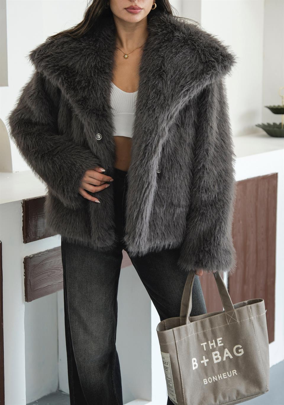 Luna Antrasit Oversize Kürk Ceket