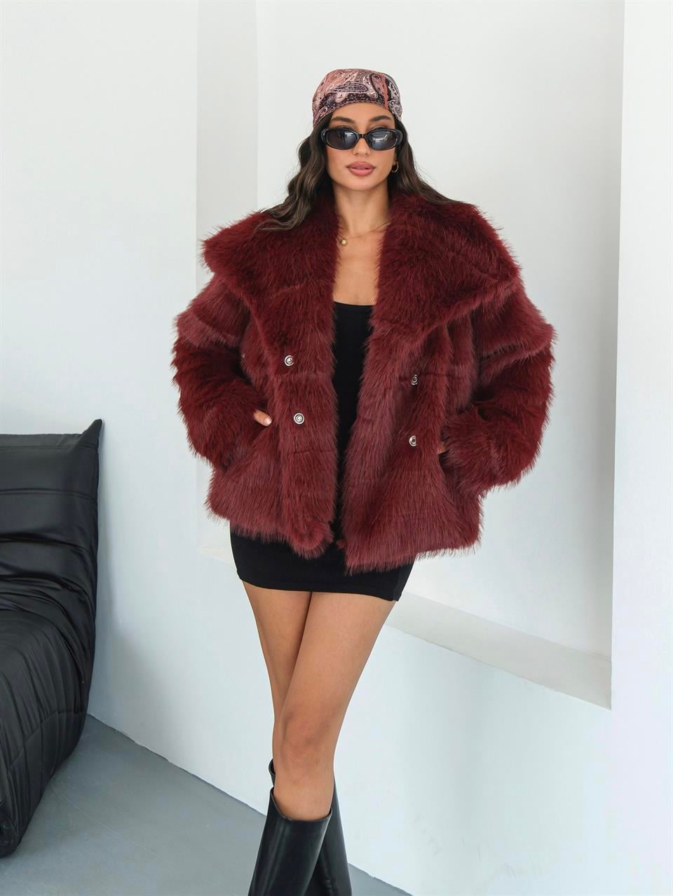 Luna Bordo Oversize Kürk Ceket