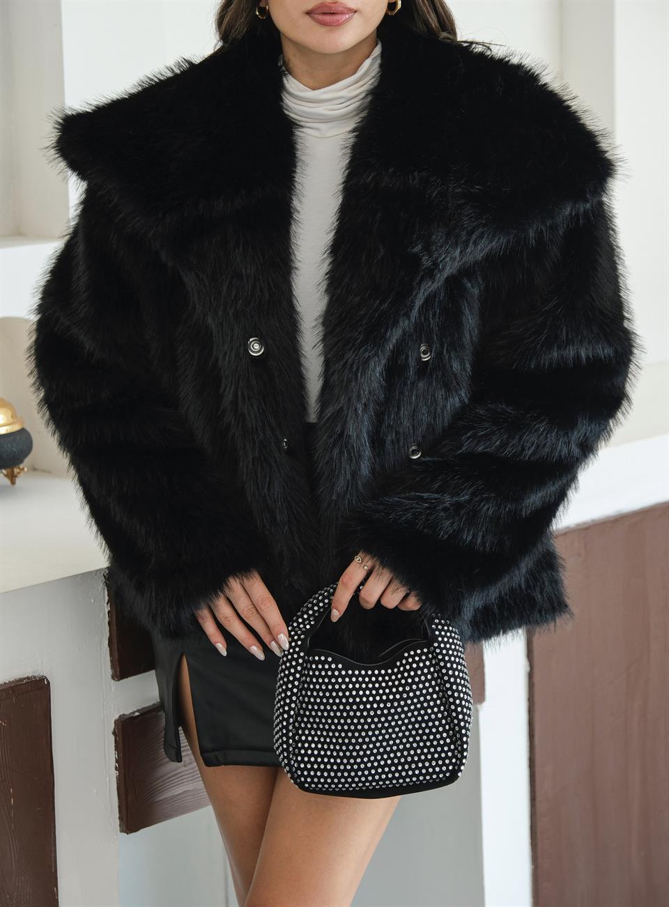 Luna Siyah Oversize Kürk Ceket