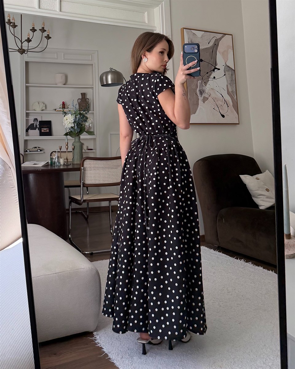 Luna Siyah Puantiyeli Uzun Midi Elbise