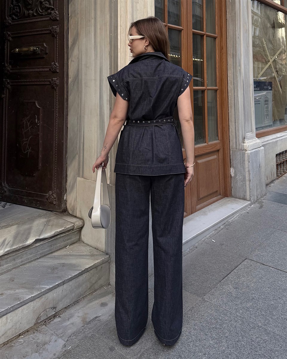 Luxe Denim Dokulu Lacivert Yelek Pantolon Takım