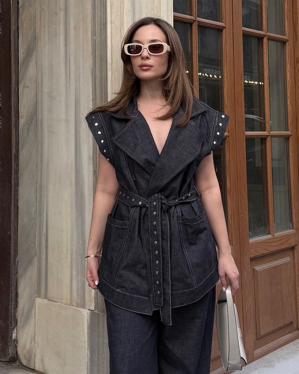 Luxe Denim Dokulu Lacivert Yelek Pantolon Takım