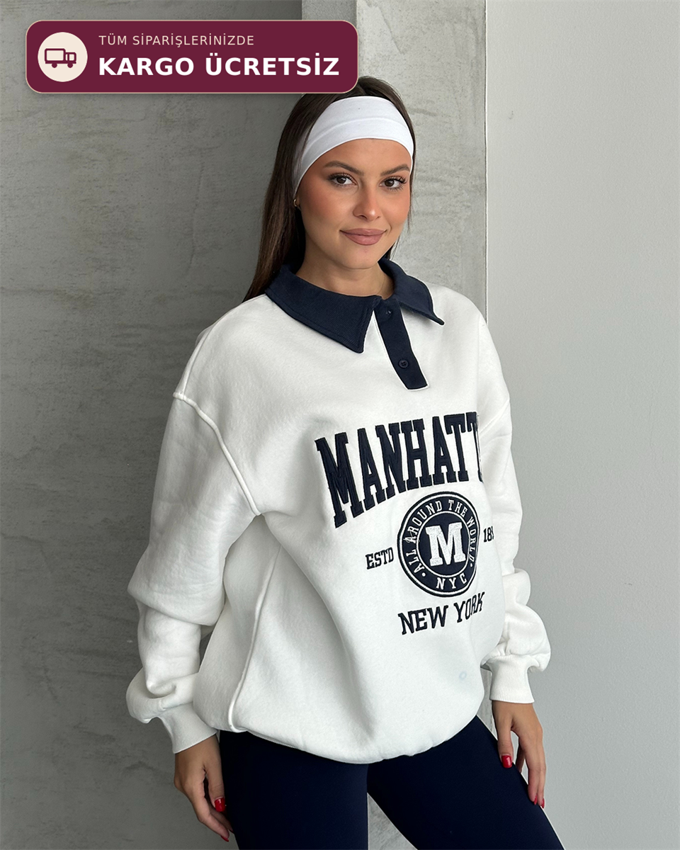 Manhattan Nakışlı Polo Yaka Beyaz Sweatshirt