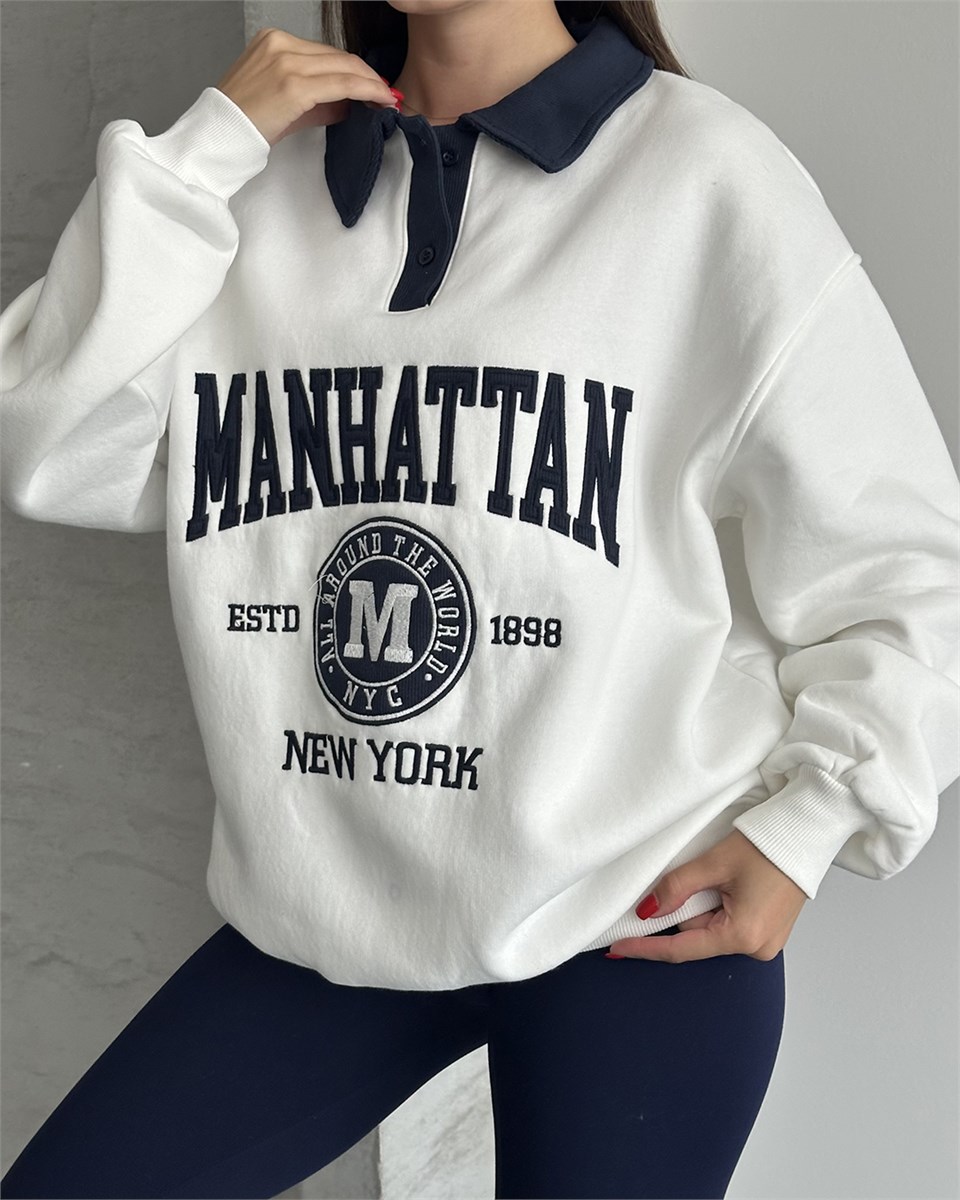 Manhattan Nakışlı Polo Yaka Beyaz Sweatshirt