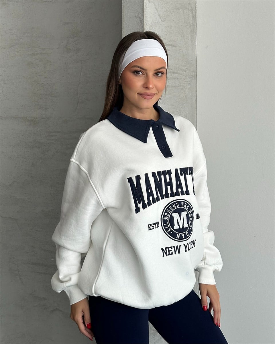 Manhattan Nakışlı Polo Yaka Beyaz Sweatshirt
