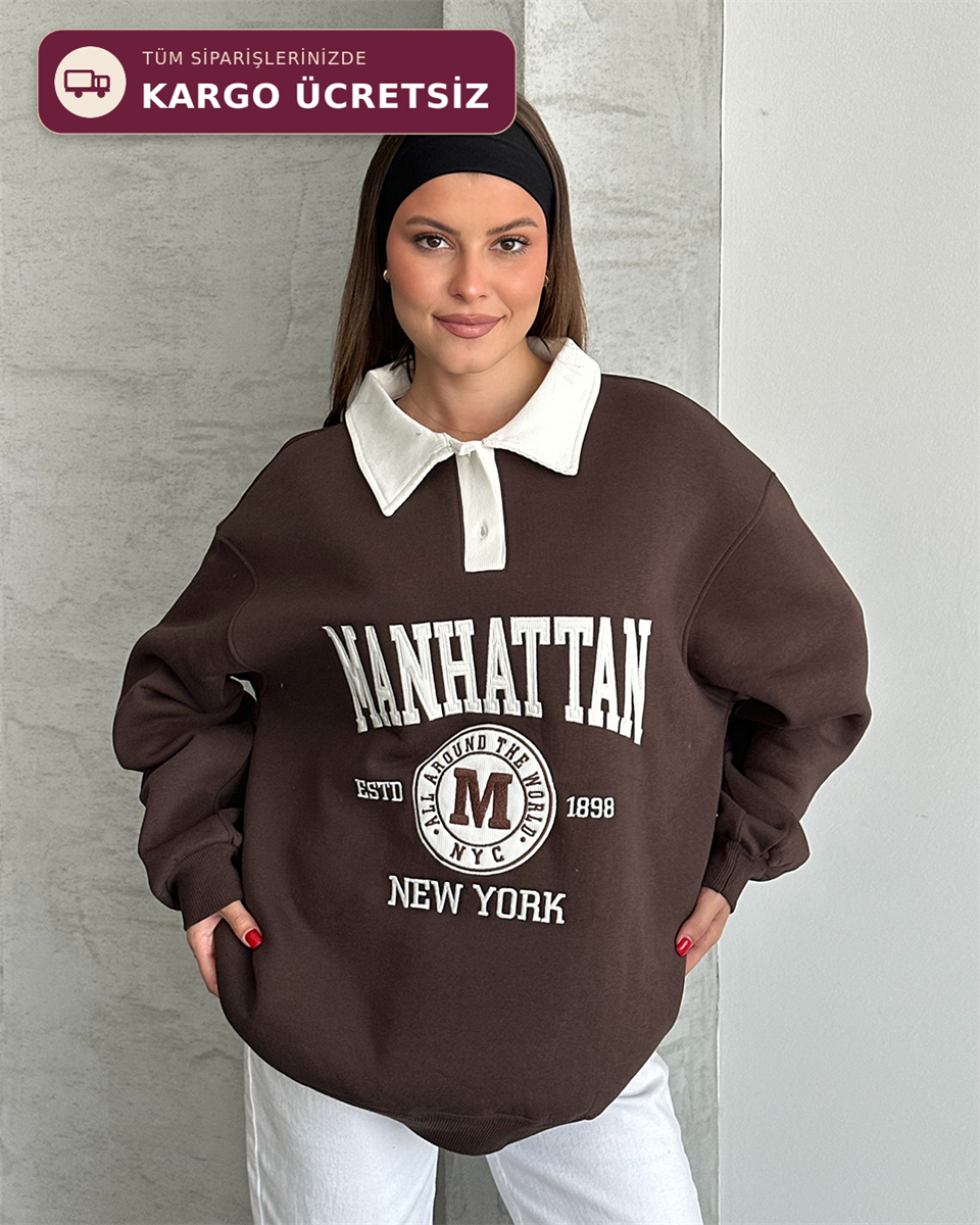 Manhattan Nakışlı Polo Yaka Kahverengi Sweatshirt