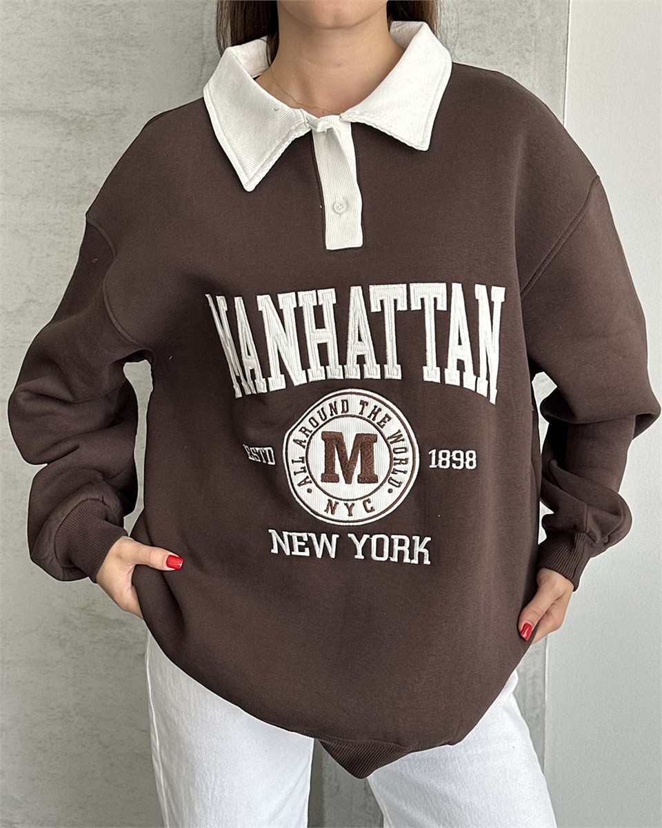 Manhattan Nakışlı Polo Yaka Kahverengi Sweatshirt