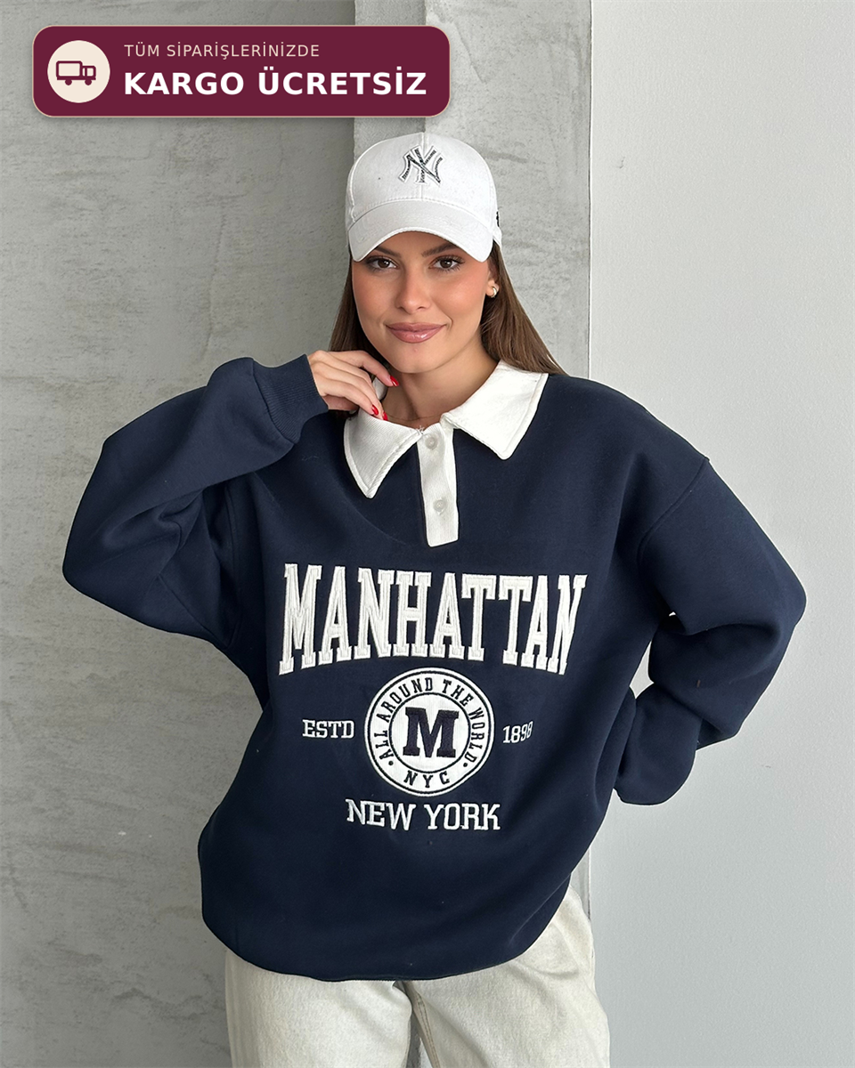 Manhattan Nakışlı Polo Yaka Lacivert Sweatshirt
