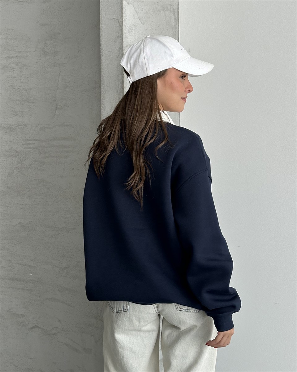 Manhattan Nakışlı Polo Yaka Lacivert Sweatshirt