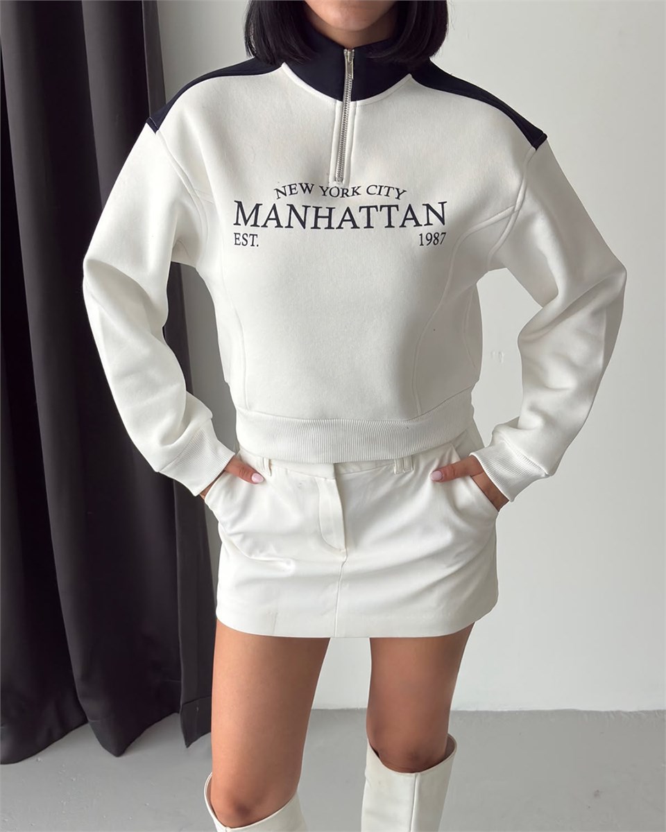 Manhattan Yarım Fermuarlı Crop Beyaz Sweatshirt