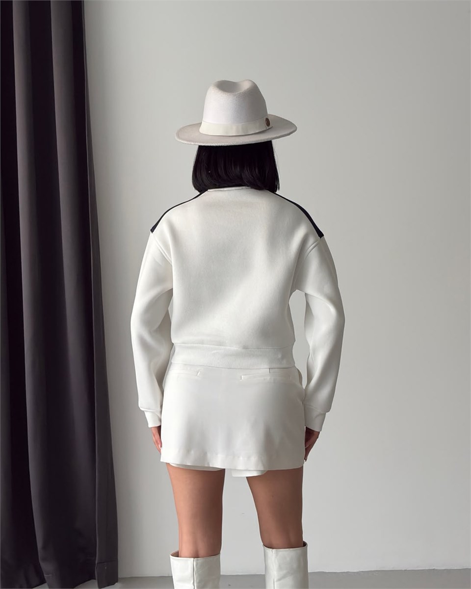 Manhattan Yarım Fermuarlı Crop Beyaz Sweatshirt