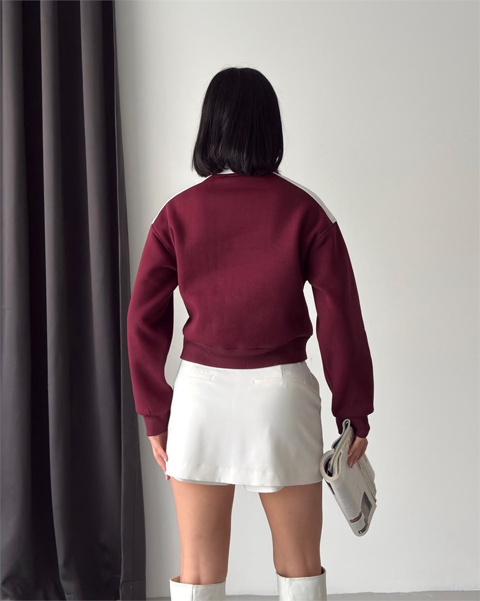 Manhattan Yarım Fermuarlı Crop Bordo Sweatshirt