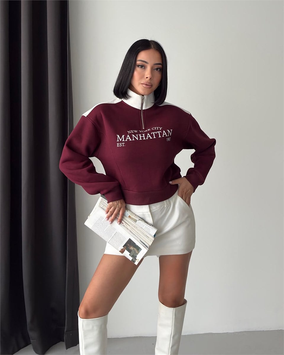 Manhattan Yarım Fermuarlı Crop Bordo Sweatshirt