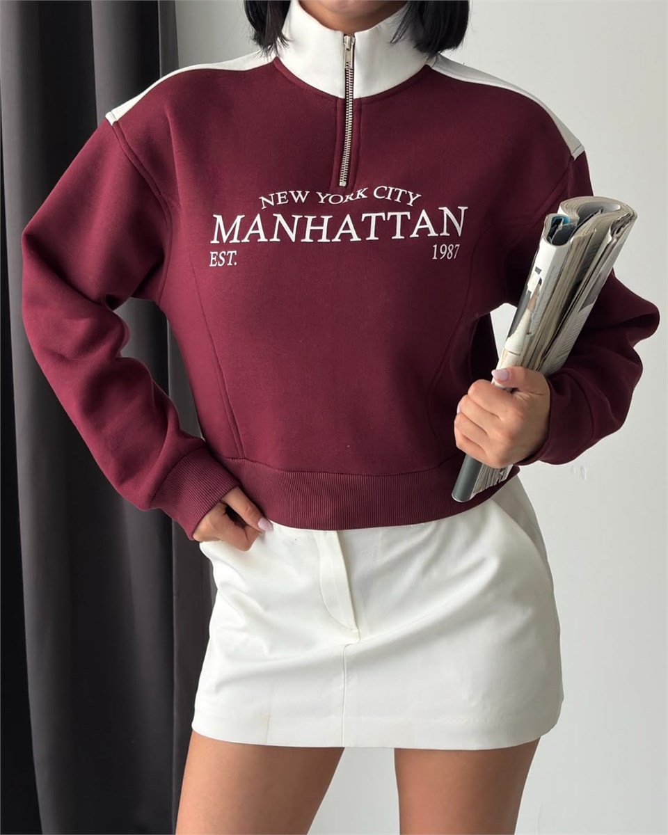 Manhattan Yarım Fermuarlı Crop Bordo Sweatshirt