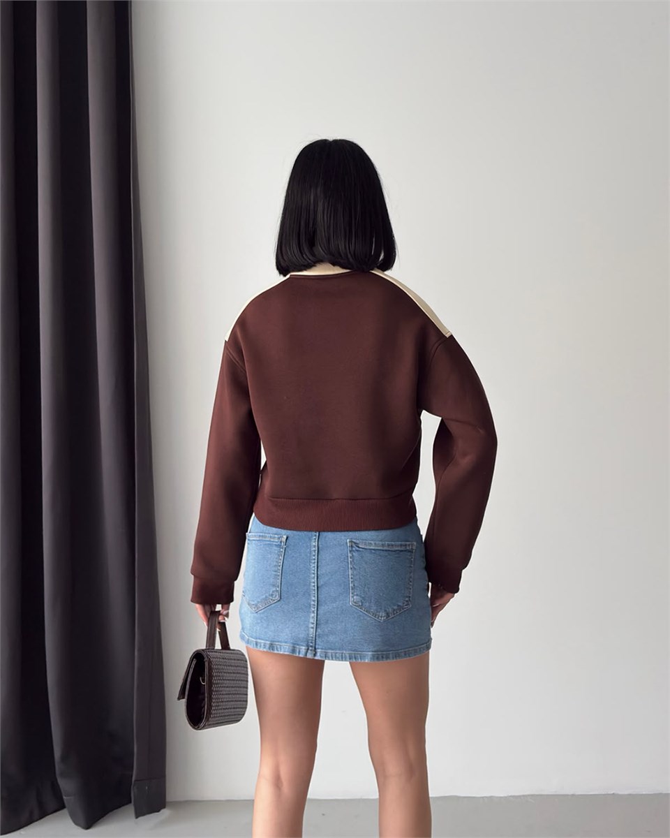 Manhattan Yarım Fermuarlı Crop Kahverengi Sweatshirt