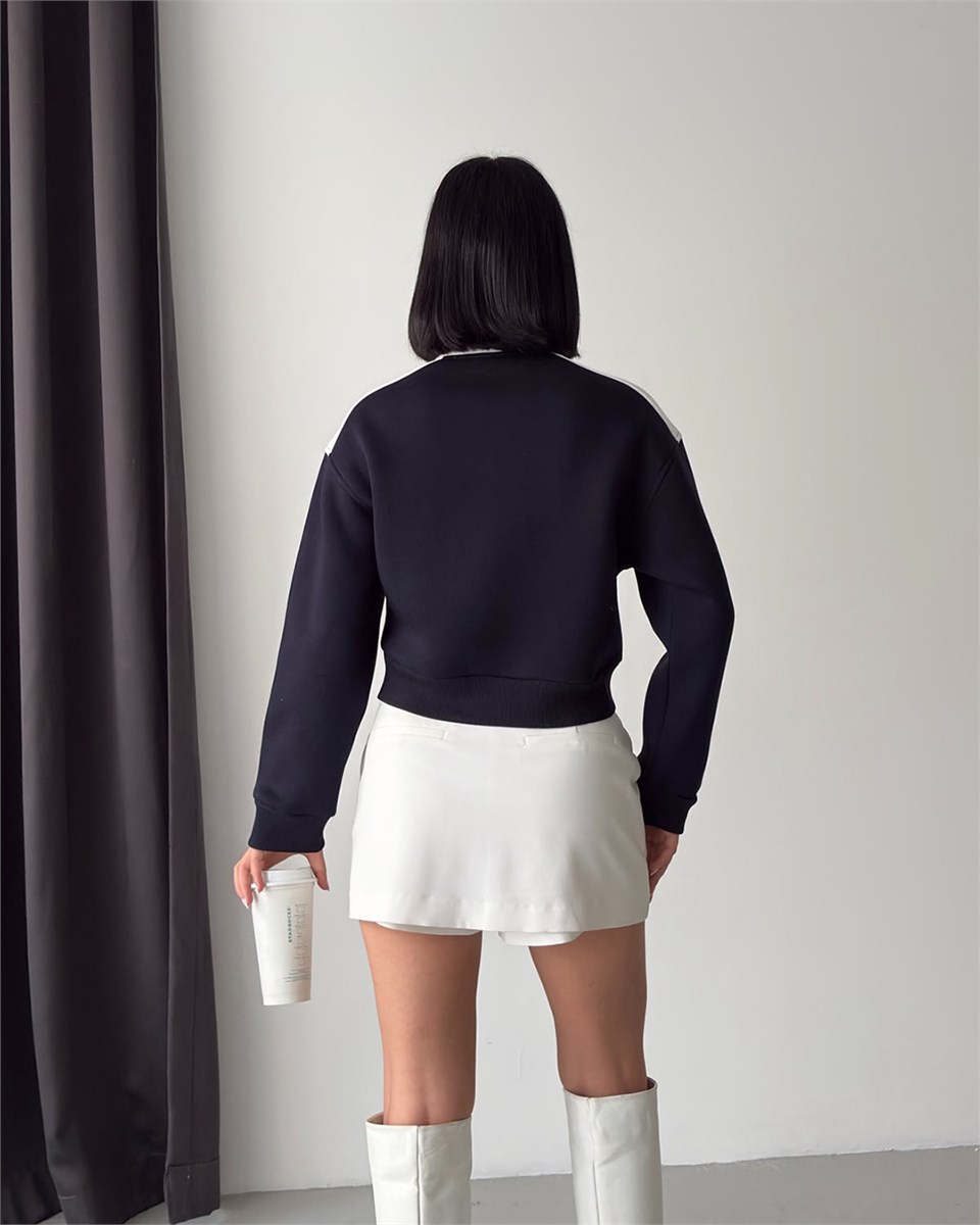 Manhattan Yarım Fermuarlı Crop Lacivert Sweatshirt
