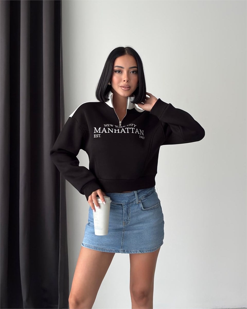 Manhattan Yarım Fermuarlı Crop Siyah Sweatshirt