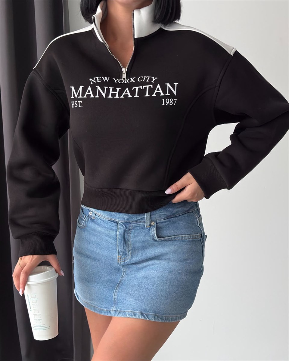 Manhattan Yarım Fermuarlı Crop Siyah Sweatshirt
