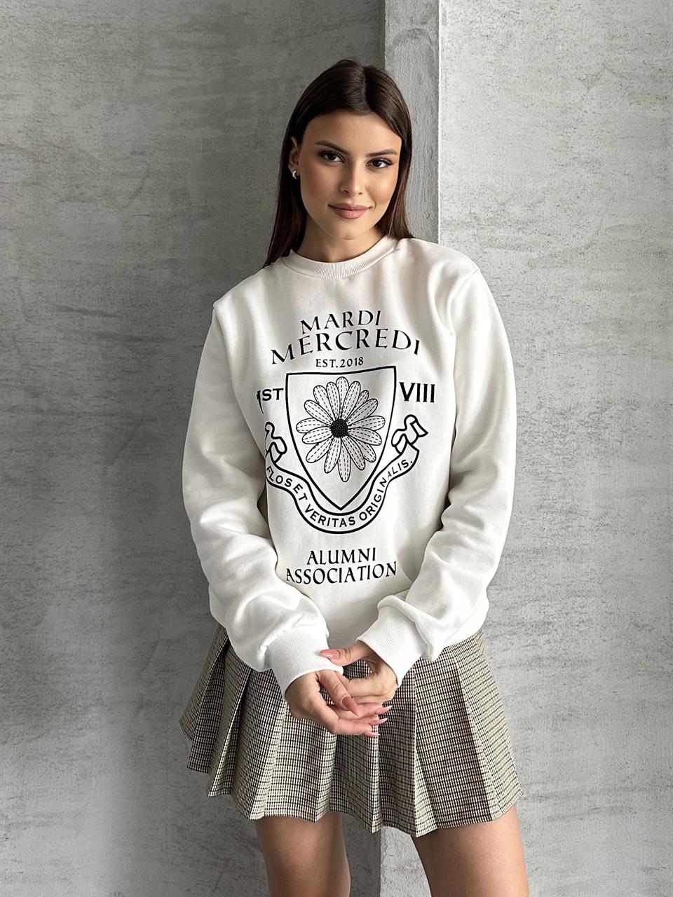 Mardi Baskılı Unisex Beyaz Sweatshirt