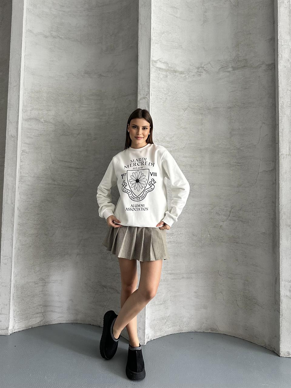 Mardi Baskılı Unisex Beyaz Sweatshirt